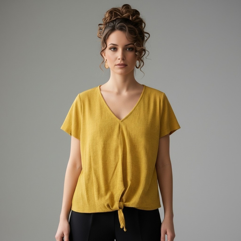 J.Crew Mustard Yellow Textured Tie Front Top Medium Short Sleeve V-Neck